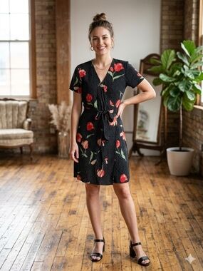 b.young Floral Black Wrap Dress with Red Tulip Print